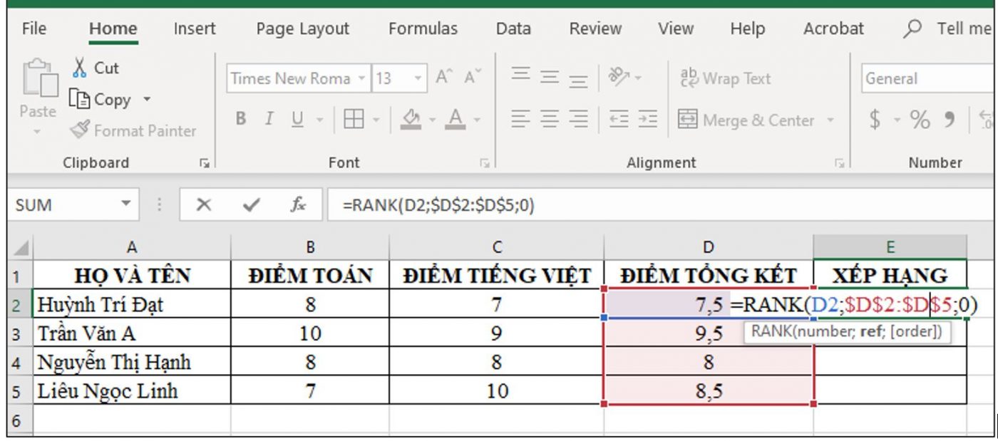 thiết lập công thức xếp hạng