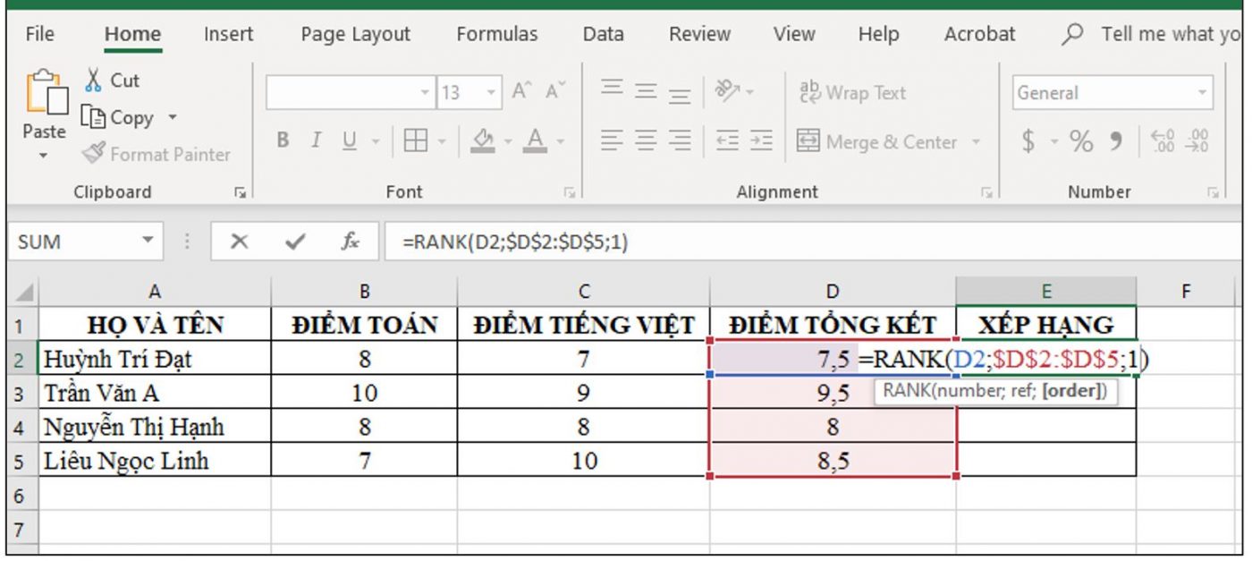 nhập công thức hàm rank xếp hạng từ thấp đến cao