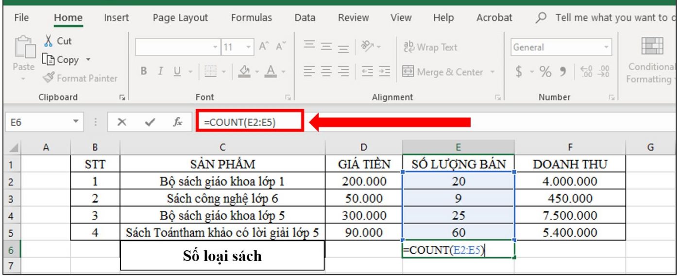 sử dụng hàm count để đếm