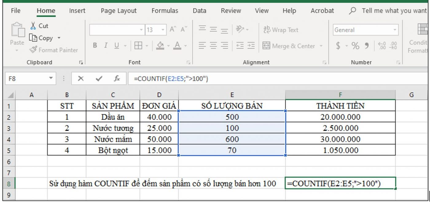 sử dụng hàm countif để đếm